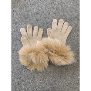 Sofia Cashmere Womens One Size Beige 100% Cashmere Gloves With Real Fur Trim
